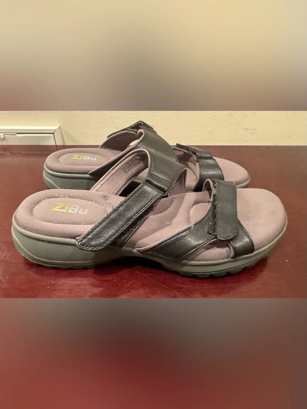 Women's Black Adjustable Leather Sandals by ZiBu - Size 7